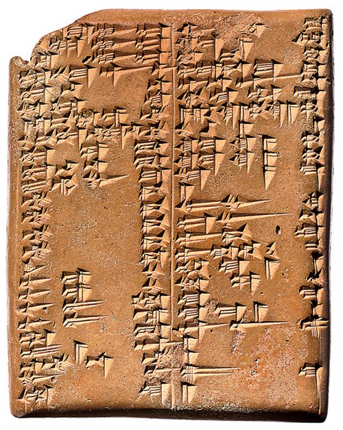 <p class="label">Late Babylonian, ca. 1000 <span class="smallcaps">bce</span>, Mesopotamia</p>
This tablet shows cuneiform entries in Sumerian in the left column and Akkadian translations in the right column.