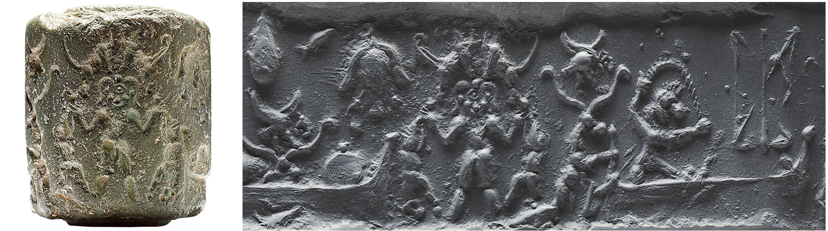 Dated between 2500 to 2340 BCE, artifacts discovered at Ur in the grave of Queen Puabi included what proved to be a royal headdress with flowers and leaves of gold. Found alongside it, visible to its left, was one of three cylinder seals that included the seal lower left. Made of lapis lazuli, it depicts two banquet scenes attended only by women. 