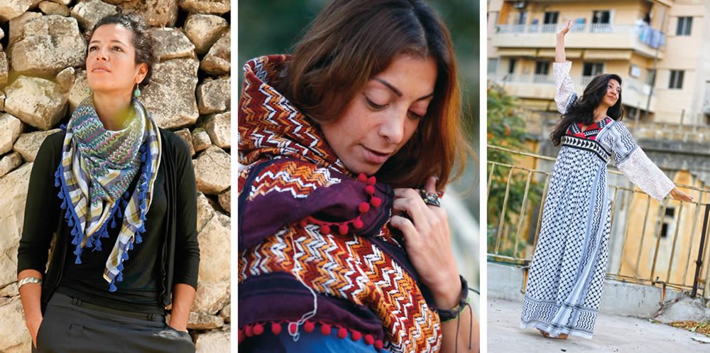 Meriem Ishawiyen, <i>left</i>, and Diana Boghossian, <i>center</i>, wear multicolored modern kufiyas by Hirbawi; Maytha Alhassen, <i>right</i>, models a kufiya dress from Artisans du Liban et d’Orient in Beirut. 