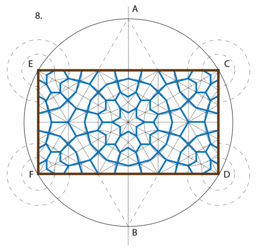8. Note how additional proportioning circles centred at E, C, D and F enable us to establish the quarter stars nestled in the 4 corners of the rectangular repeat module. To complete the design, mark bold division with the larger gaps. The design can now be completed with shading, tone and colour to emphasise the interrelationship of different shapes and bring the design to life. Guidelines can be left as part of the final design or erased according to individual preference.