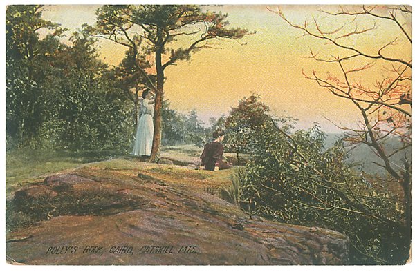 Similarly hand-colored and captioned “Polly’s Rock, Cairo, Catskill Mountains,” this radiantly warm postcard image evokes the romanticism of the region’s Hudson River School of landscape painting.