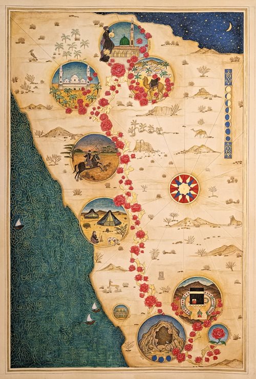 Artist Ayesha Amjad’s neotraditional “Hijrah Memory Map” right depicts the route of the Hijrah using roses, a symbol used for centuries in connection with the Prophet Muhammad. above This simple design, produced in 1901 in Morocco, represents one of the Prophet’s sandals, and it would have been carried by its owner as a symbol of protection.