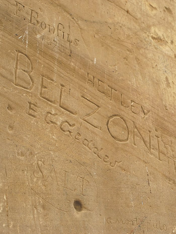 On the wall of the Ramesseum, Belzoni carved his name carefully, unmistakably and indelibly—both above and more prominently than that of his patron and consul general of Britain in Egypt, Henry Salt, which is faintly visible near the bottom at left. 