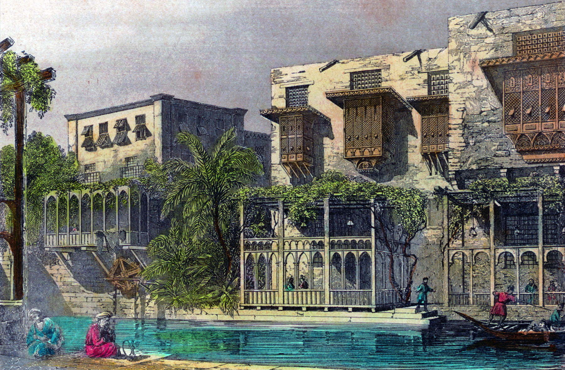 Not far from the site of the sabil-kuttab of Mustafa III, a lithograph published in 1821 in <em>Egypte Moderne</em> by A.F. Lemaitre shows a few of the villas along the Khalig al-Misri canal.