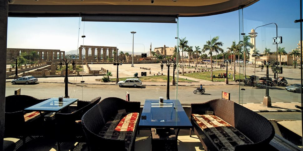 The restaurant above Aboudi Bookstore provides an unparalleled vista of Luxor temple.