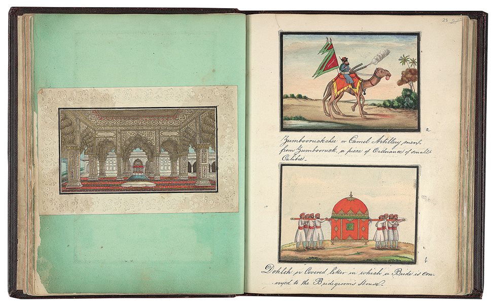 “Reminiscences of Imperial Delhi” consists of 89 folios containing approximately 130 paintings of Mughal and pre-Mughal monuments of Delhi, as well as other contemporary material, and accompanying text written by Sir Thomas Theophilus Metcalfe, the governor-general’s agent at the imperial court (1795-1853). Pictured are ink and colours on paper (1843) of the interior of the Diwan-i-Khas, LEFT; Camel Artillery Man, TOP RIGHT; and Bridal Dohleh, BOTTOM RIGHT.