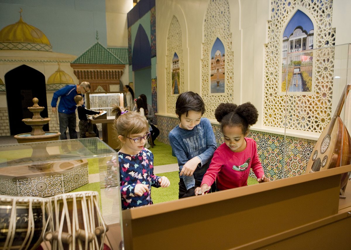 Using a touchscreen, children play the sounds of musical instruments in a display at &ldquo;America to Zanzibar: Muslim Cultures Near and Far&rdquo; at the Children&rsquo;s Museum of Manhattan. &ldquo;The play of the exhibit is nothing new to kids,&rdquo; says Lizzy Martin, the museum&rsquo;s director of exhibit development. &ldquo;It&rsquo;s the uniqueness of how we layer the cultures onto what they are playing with.&rdquo;
