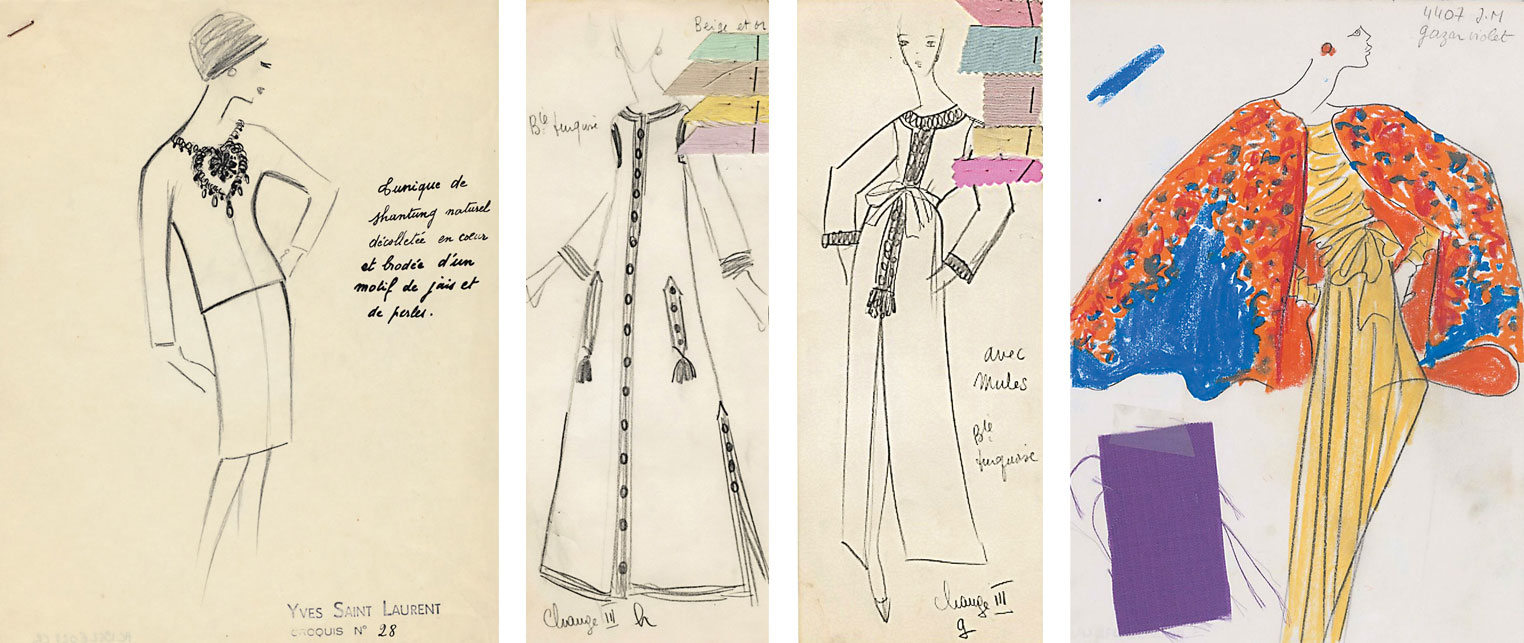 A sketch from his first haute couture house collection in 1962; two designs from the 1966 American spy film Arabesque, starring Gregory Peck and Sophia Loren; a sketch from his spring-summer 1989 Bougainvilleas collection.