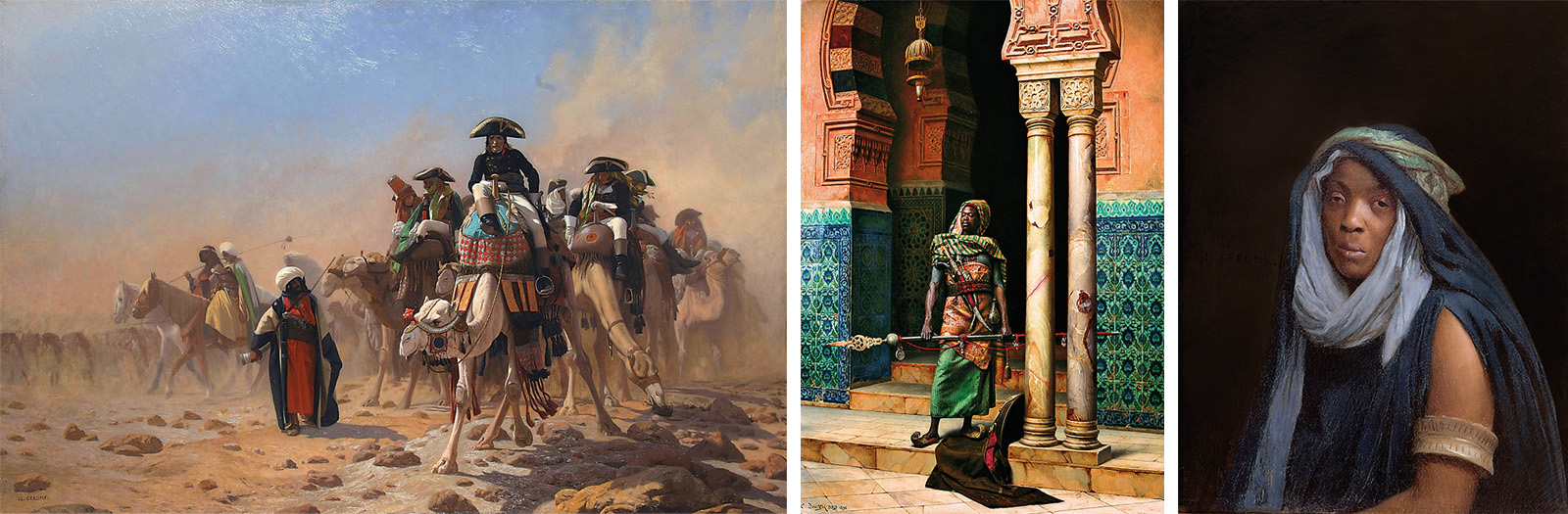 Left Gérôme’s “Napoleon and his General Staff in Egypt,” from 1867, is also local in its point of view: The French general is shown in weary, shambolic retreat from his colonial venture. “I always choose paintings each of which must tell a story,” says Gabr.  The Shafik Gabr Collection holds a number of works its founder describes as “interesting paintings in which people of color are honored.” These include Deutsch’s “The Nubian Guard,” from 1896, center, and Gérôme’s “simple, unadorned but deeply sympathetic” portrait “The Black Maidservant,” from 1877, right.