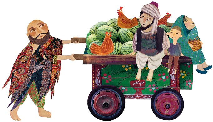 Illustration of man with cart featured in the book’s story “The Emir and the Angel.”