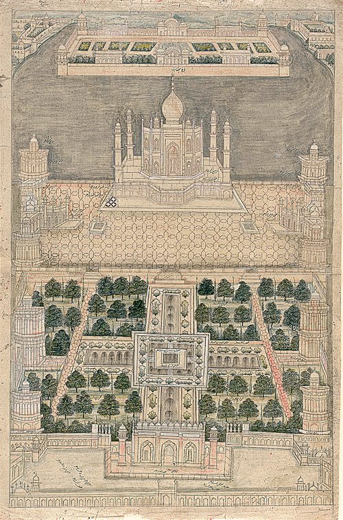 “Bird’s Eye View of the Taj Mahal at Agra,” pen and opaque watercolor on paper, Company School (1790-1890).