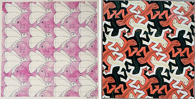 Below Four patterns from the Alhambra Escher copied into his sketchbook in 1936 were among the visual stimuli that helped Escher create more than 150 flat-plane drawings and prints, including the two above, in 1939 and 1942 respectively. Writing about the role of color in such patterns, Escher noted in 1964: “It has always been self-evident for the Moors to compose their tile scenes with pieces of majolica in contrasting colors. Likewise, I have never hesitated myself to use color contrast as a means of visually separating my adjacent pattern components.”
