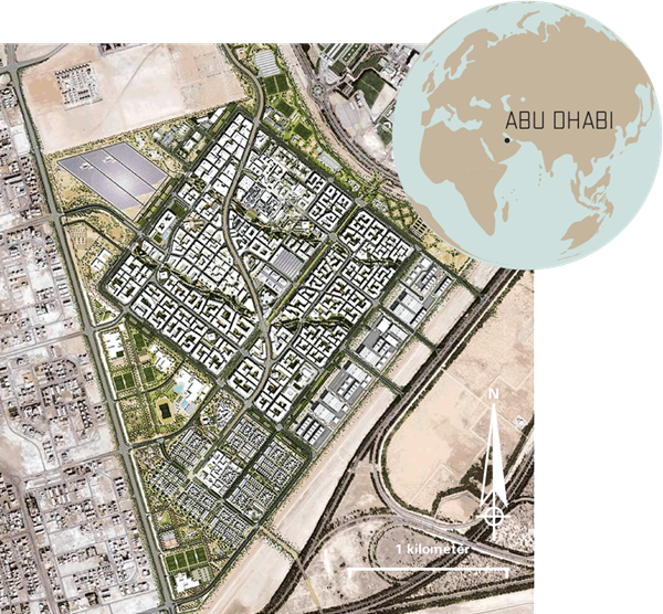 <p>Oriented to catch cooler winds from the desert and warmer ones from the water, Masdar&rsquo;s square plan&mdash;shown <i>above</i> as a projection of the planned city&mdash;includes home and commercial sectors, with shaded pedestrian corridors and metro and light-rail lines.&nbsp;</p>
