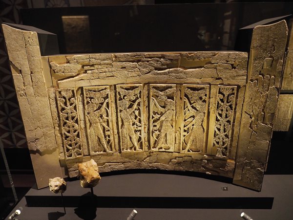 This ivory backrest, probably from a chair or couch, consists of six panels mounted in a plain frame. Discovered at Fort Shalmaneser, it likely came to Assyria as tribute or booty.