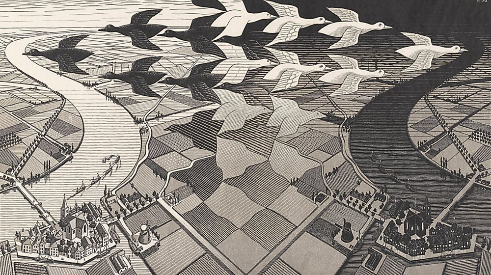 One of Escher's most famous lithographs, “Day and Night” was produced in 1938