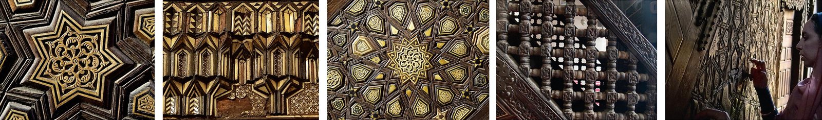 Left to opposite right This seven-point star, inlaid with ivory arabesque, made possible a design transition from a six- or 12-point pattern to an eight-point one. This muqarnas above a minbar door is missing several pieces at the bottom. This 12-point star was made radiant through interwoven ivory strapwork and a swirling central arabesque. This balustrade is made of mashrabiya, or turned-wood lattice. Counting the points of stars and tracing patterns on the minbar at the Mosque of El-Ghuri.
