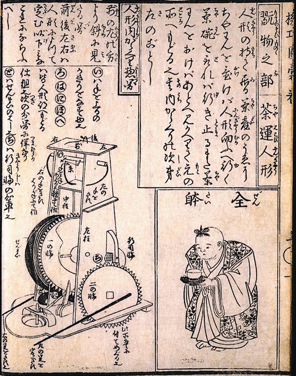 This woodblock print shows the workings of a tea-serving automaton. It appears in Japan's oldest manuscripts of mechanical engineering, the 1796 treatise Kiko zui (Illustrated Compendium of Clever Machines) by Hosokawa Hanzo Yorinao. Other pages detail the structure and the construction of clocks and mechanical dolls. 
