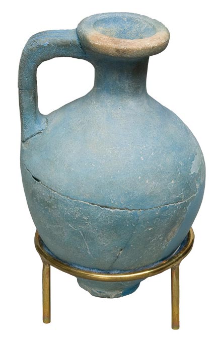 Only 9 centimeters tall, this juglet was shaped and fired between 1750 and 1640 BCE using Egyptian Blue. The color&rsquo;s intensity could be varied by changing the proportions in its formula, with results from the saturated, lazurite-like tones that led Egyptians to name their color <i>hsbd iryt</i>, &ldquo;artificial lapis lazuli,&rdquo; to delicate pastels.