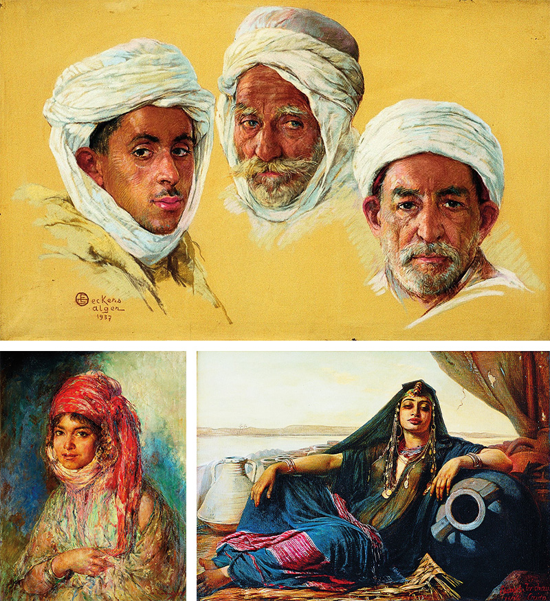 Left Émile Deckers was a Belgian Orientalist who, like Dinet, moved to Algeria, where he became noted for his portaiture, such as “Three Chieftains,” 1937. Center Fellow Belgian Edouard Verschaffelt also resided in Bou Saâda, where his sensitive impressionist portraits include “Young Girl with Red Scarf,” who looks back at the painter with an unidealized gaze. Right Few women painted in the Orientalist style, but among them was Danish artist Elisabet Jerichau-Baumann, who traveled extensively and painted “An Egyptian Pottery Seller near Gizeh” in Cairo in 1876. “Strong-minded and puzzling,” wrote historian Caroline Williams of the painting that today can appear poised between play to a male gaze and defiant pride.