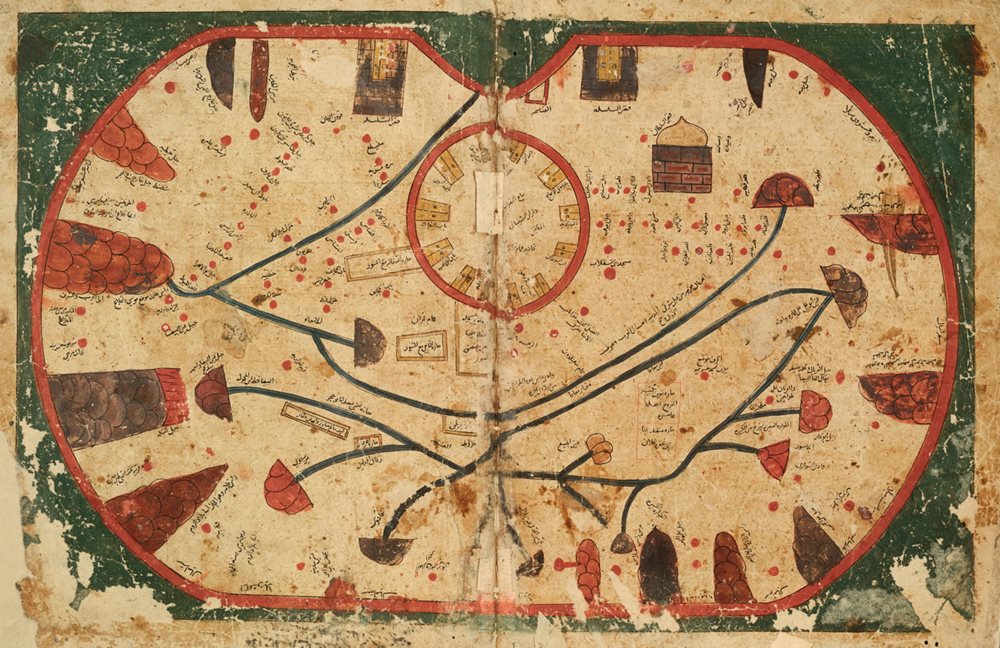 The Book of Curiosities includes this large, detailed map of Sicily. Like other maps of its era, it is schematic rather than mimetic, and it shows ports, cities and more. Maps were produced mostly on the basis of oral accounts.